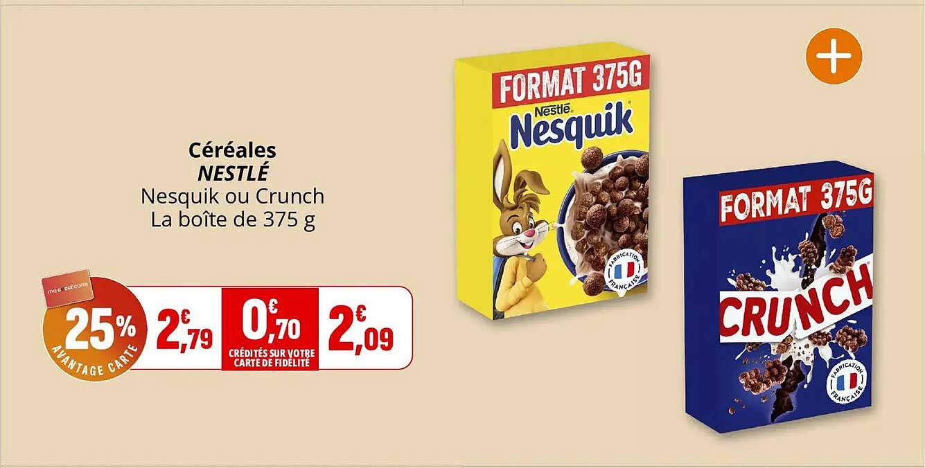 Céréales NESTLÉ Nesquik ou Crunch La boîte de 375 g