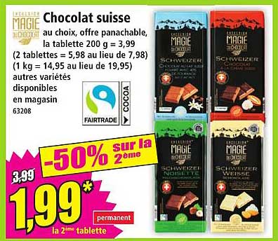 Chocolat suisse au choix, offre panachable, la tablette 200 g = 3,99