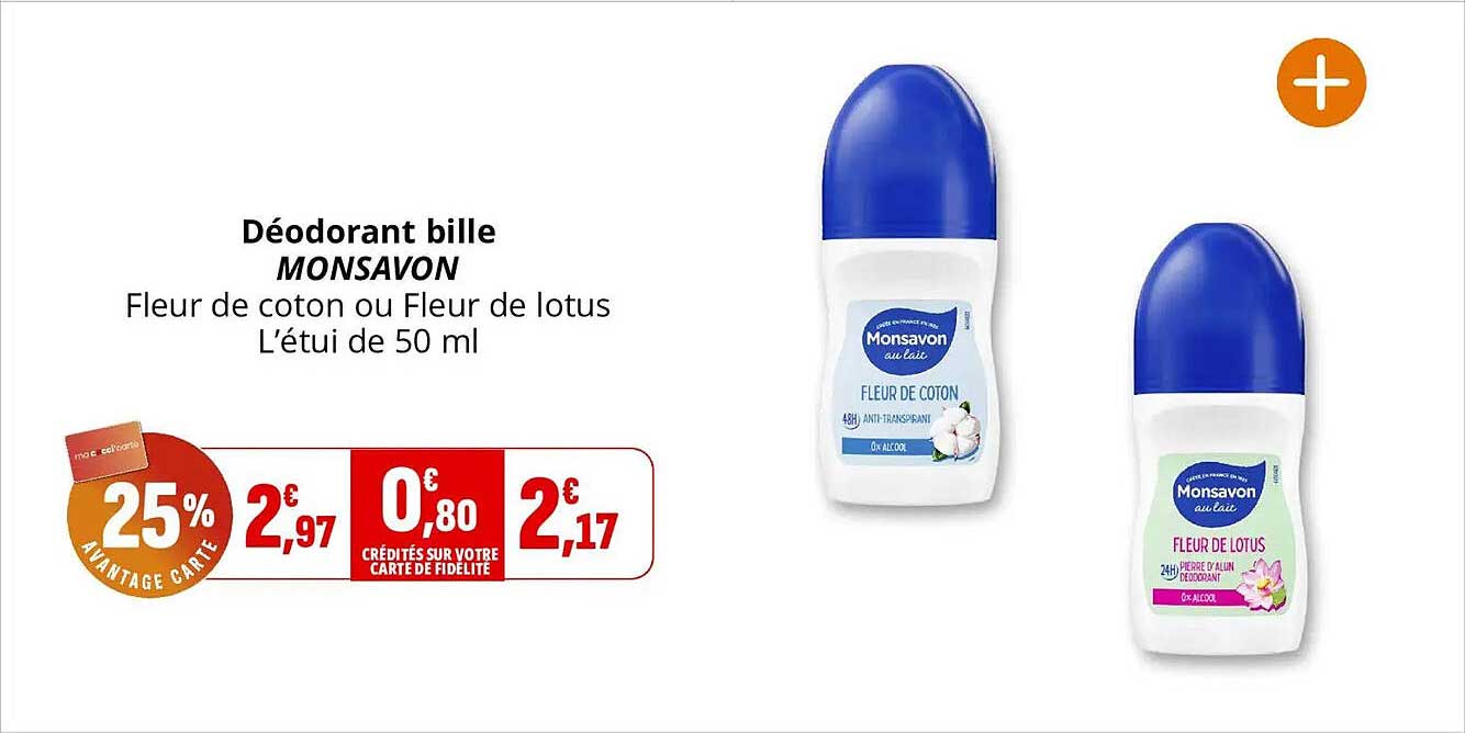 Déodorant bille MONSAVON Fleur de coton ou Fleur de lotus L’étui de 50 ml