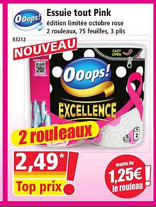 Essuie tout Pink édition limitée octobre rose 2 rouleaux, 75 feuilles, 3 plis