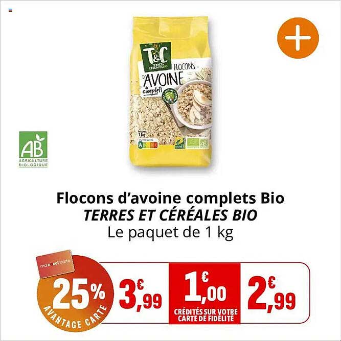 Flocons d’avoine complets Bio TERRES ET CÉRÉALES BIO Le paquet de 1 kg