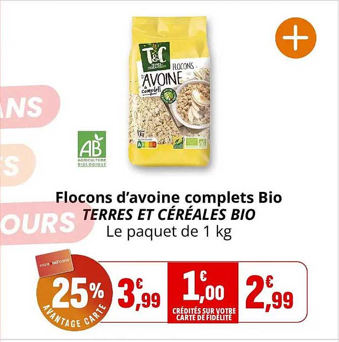 Flocons d’avoine complets Bio TERRES ET CÉRÉALES BIO Le paquet de 1 kg