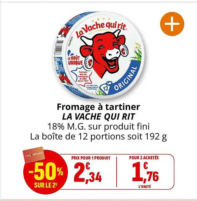 Fromage à tartiner LA VACHE QUI RIT 18% M.G. sur produit fini La boîte de 12 portions soit 192 g
