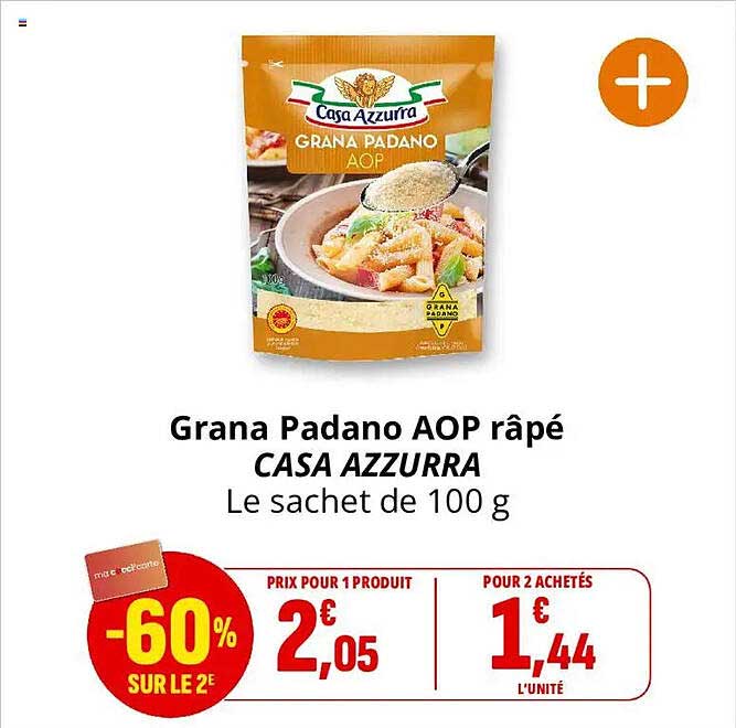 Grana Padano AOP râpé CASA AZZURRA Le sachet de 100 g