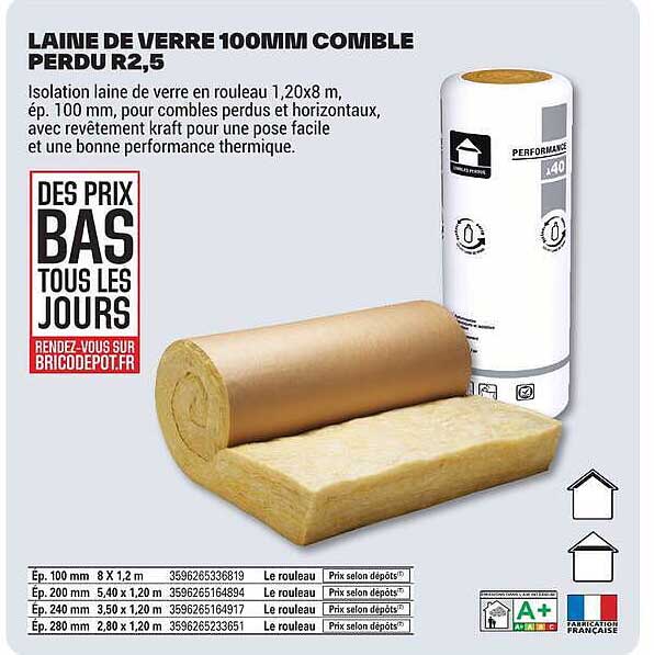 LAINE DE VERRE 100MM COMBLE PERDU R2,5