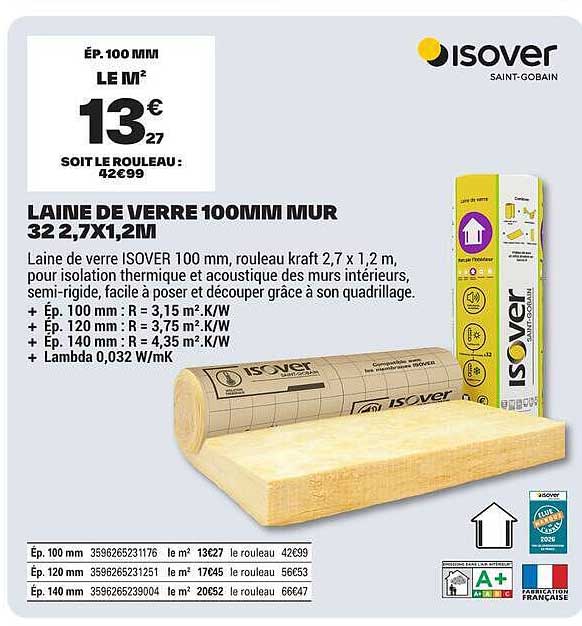 LAINE DE VERRE 100MM MUR 32 2,7X1,2M