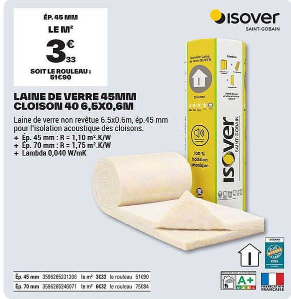LAINE DE VERRE 45MM CLISON 40 6,5X0,6M