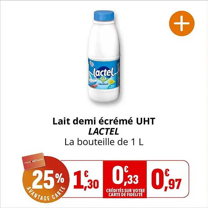 Lait demi écrémé UHT LACTEL La bouteille de 1 L