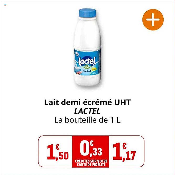 Lait demi écrémé UHT LACTEL La bouteille de 1 L