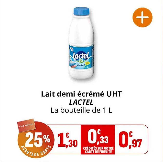 Lait demi écrémé UHT LACTEL La bouteille de 1 L