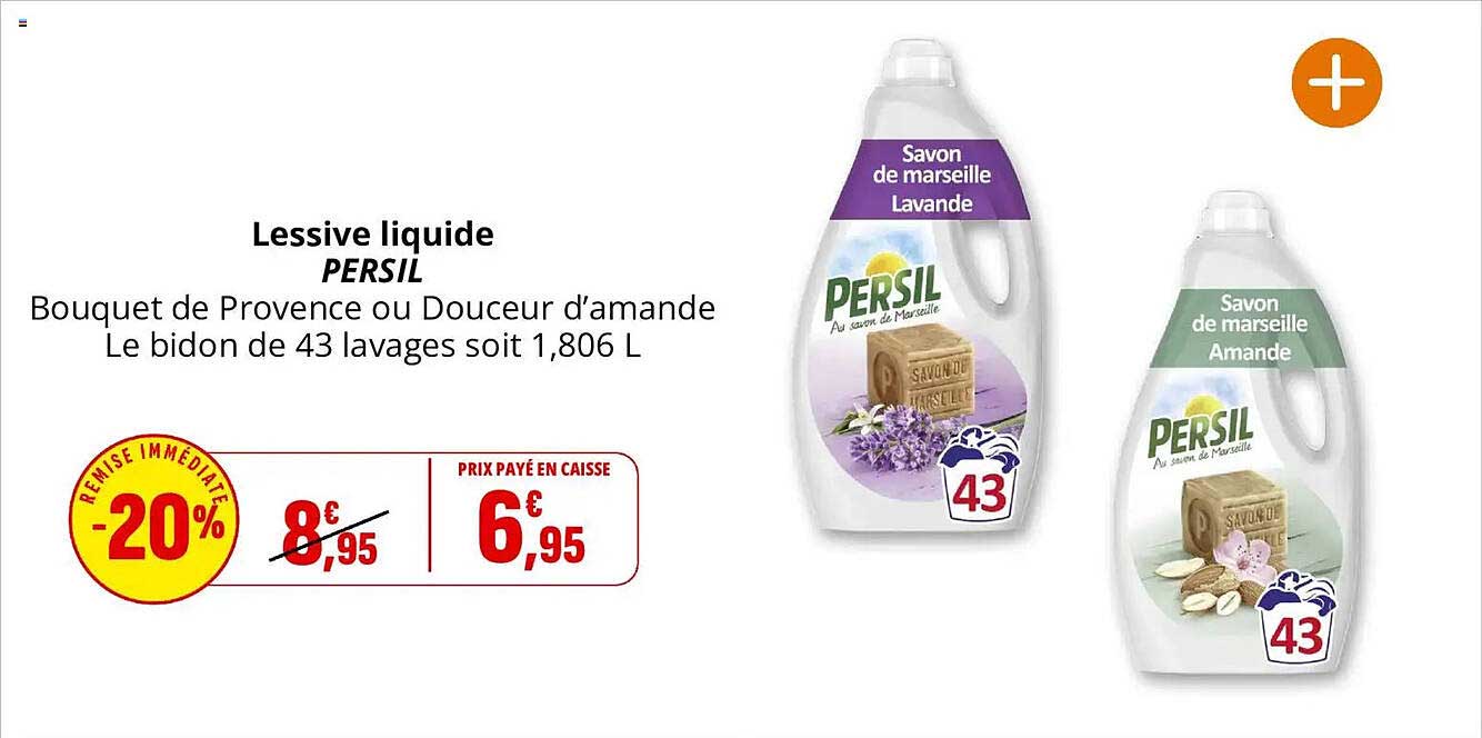 Lessive liquide PERSIL Bouquet de Provence ou Douceur d’amande Le bidon de 43 lavages soit 1,806 L