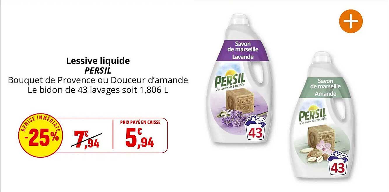 Lessive liquide PERSIL Bouquet de Provence ou Douceur d’amande Le bidon de 43 lavages soit 1,806 L