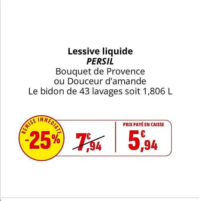 Lessive liquide PERSIL Bouquet de Provence ou Douceur d’amande Le bidon de 43 lavages soit 1,806 L