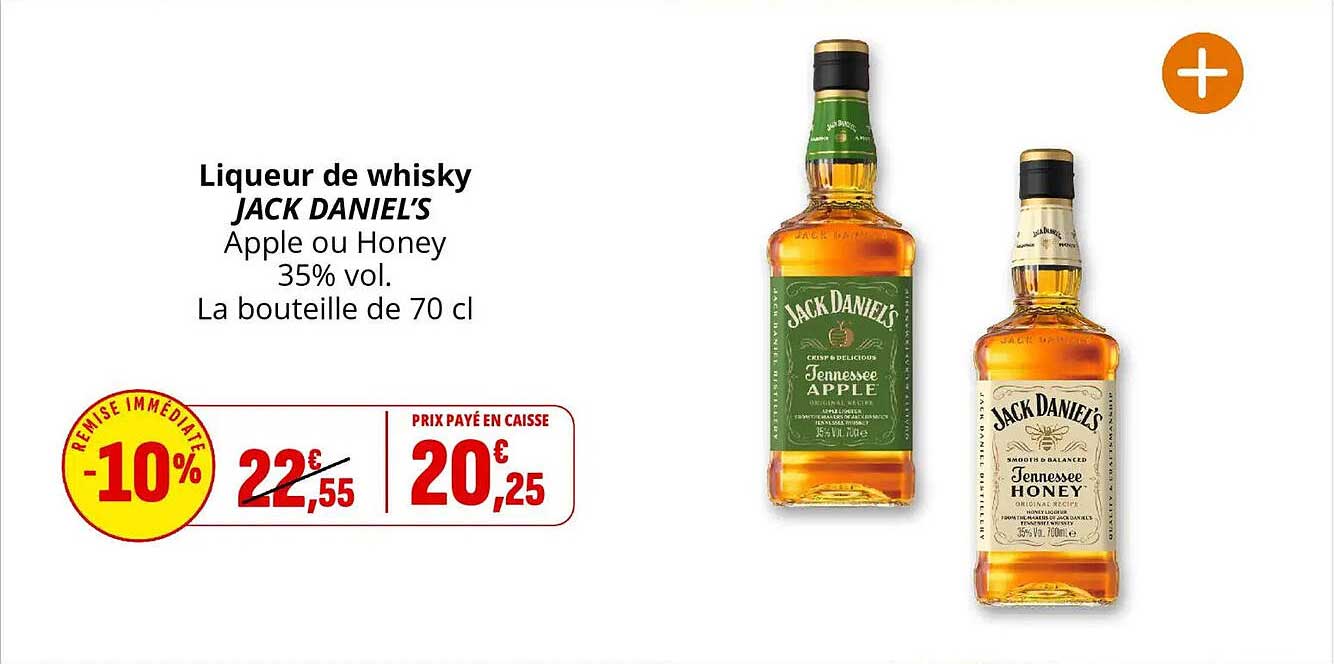 Liqueur de whisky JACK DANIEL'S Apple ou Honey 35% vol. La bouteille de 70 cl