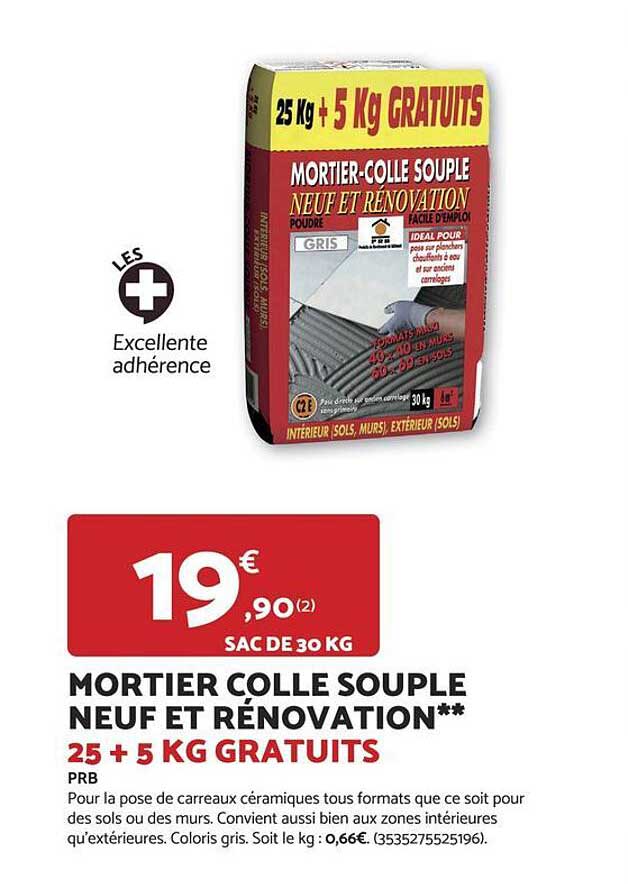 MORTIER COLLE SOUPLE NEUF ET RENOVATION** 25 + 5 KG GRATUITS