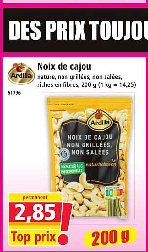 Noix de cajou nature, non grillées, non salées, riches en fibres, 200 g (1 kg = 14,25)