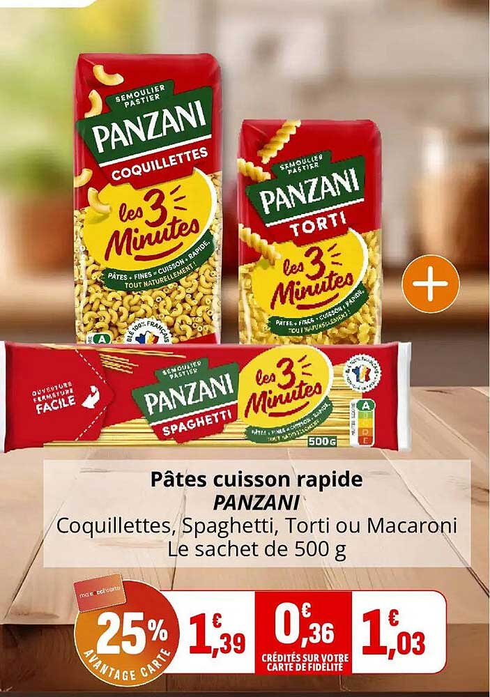 Pâtes cuisson rapide PANZANI Coquillettes, Spaghetti, Torti ou Macaroni Le sachet de 500 g