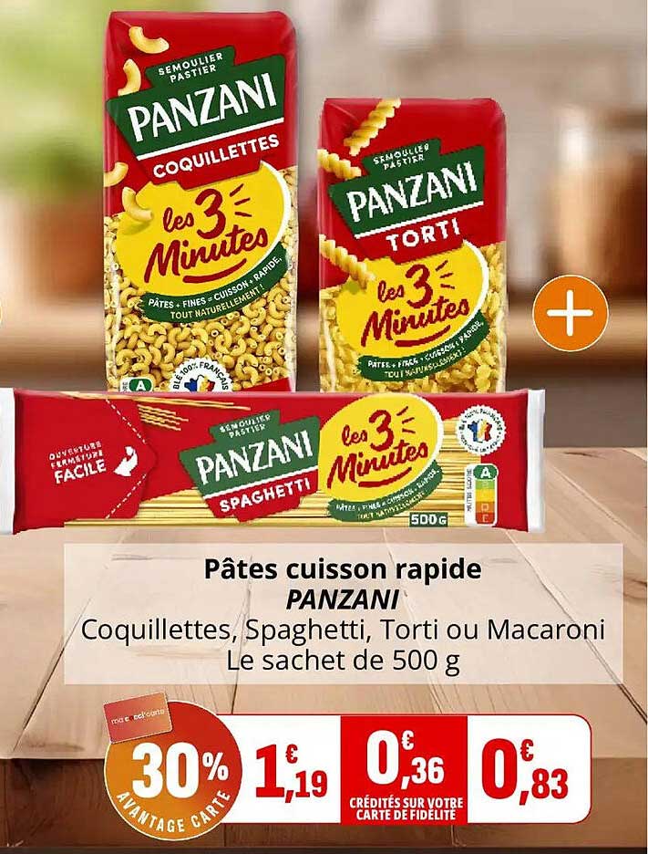 Pâtes cuisson rapide PANZANI Coquillettes, Spaghetti, Torti ou Macaroni Le sachet de 500 g