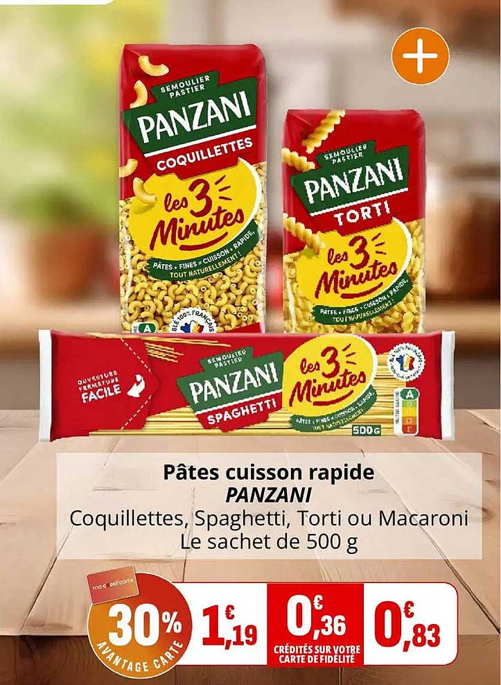 Pâtes cuisson rapide PANZANI Coquillettes, Spaghetti, Torti ou Macaroni Le sachet de 500 g