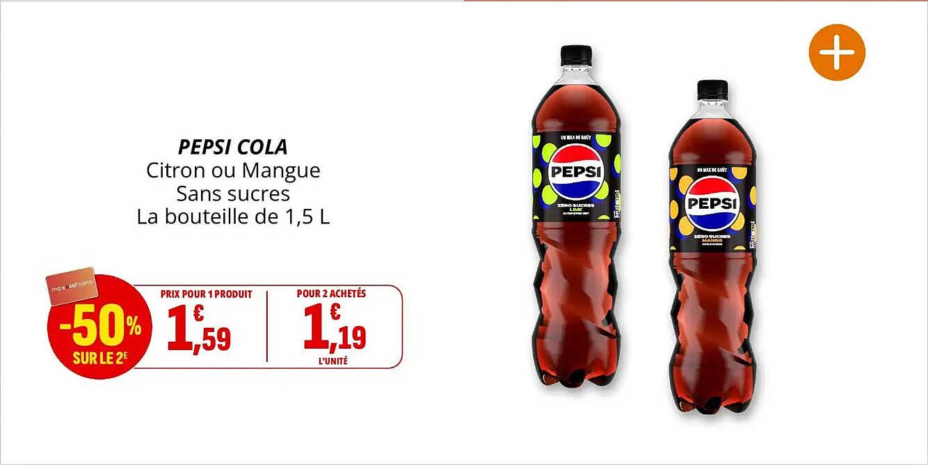 PEPSI COLA Citron ou Mangue Sans sucres La bouteille de 1,5 L