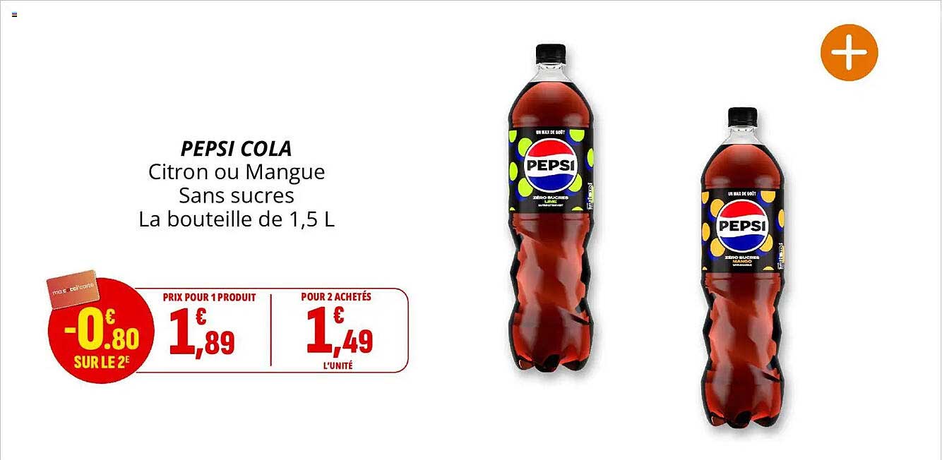 PEPSI COLA Citron ou Mangue Sans sucres La bouteille de 1,5 L