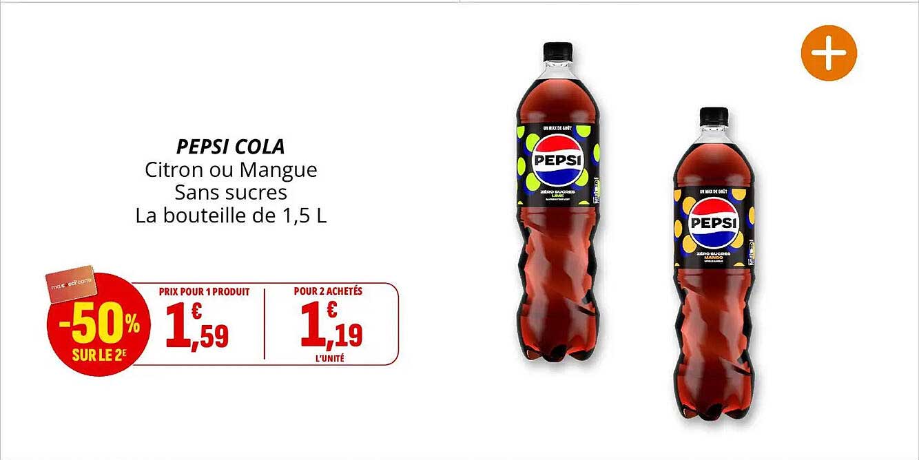 PEPSI COLA Citron ou Mangue Sans sucres La bouteille de 1,5 L