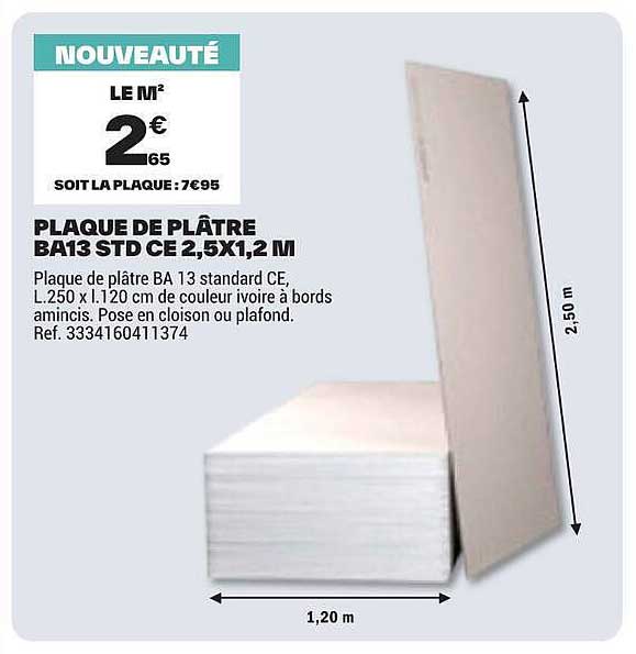PLAQUE DE PLATRE BA13 STD CE 2,5X1,2 M
