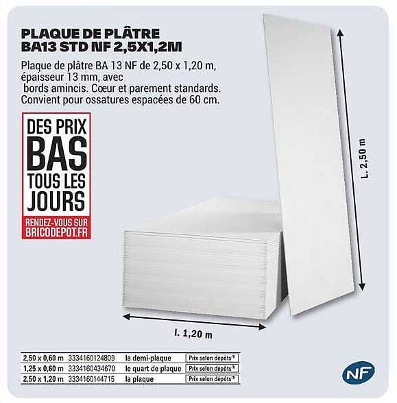 PLAQUE DE PLÂTRE BA13 STD NF 2,5X1,2M