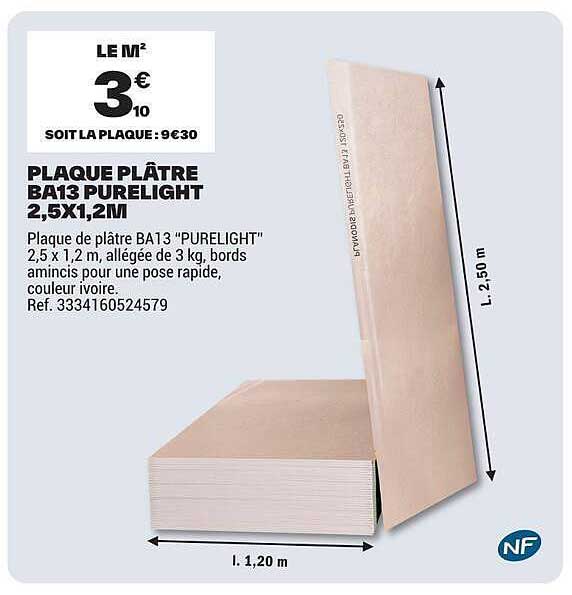 PLAQUE PLÂTRE BA13 PURLIGHT 2,5X1,2M