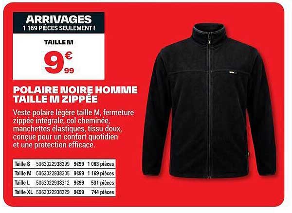 POLAIRE NOIRE HOMME TAILLE M ZIPPÉE