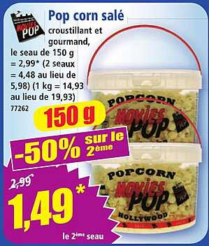Pop corn salé croustillant et gourmand, le seau de 150 g