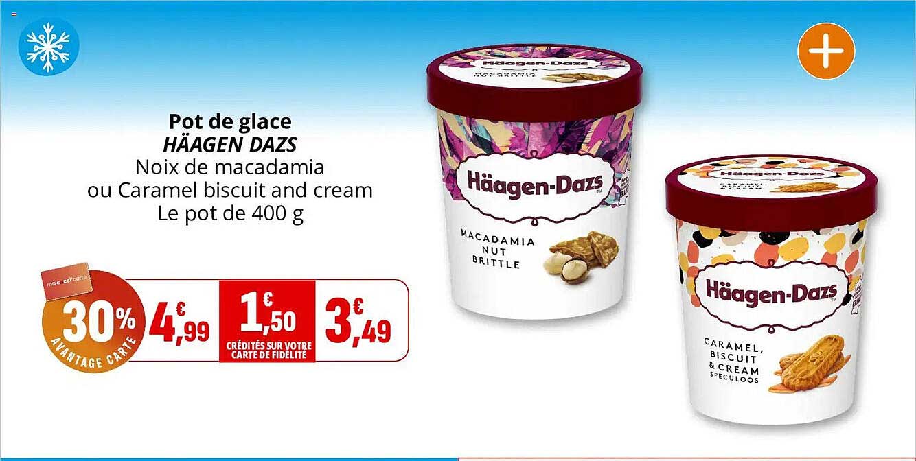 Pot de glace HÄAGEN DAZS Noix de macadamia ou Caramel biscuit and cream Le pot de 400 g