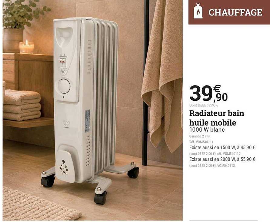 Radiateur bain huile mobile 1000 W blanc