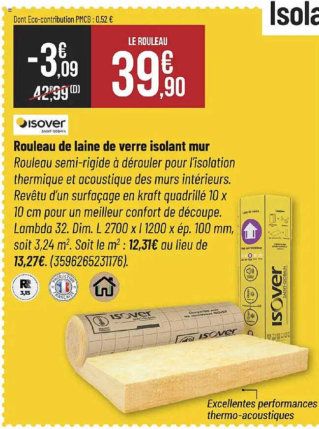 Rouleau de laine de verre isolant mur
