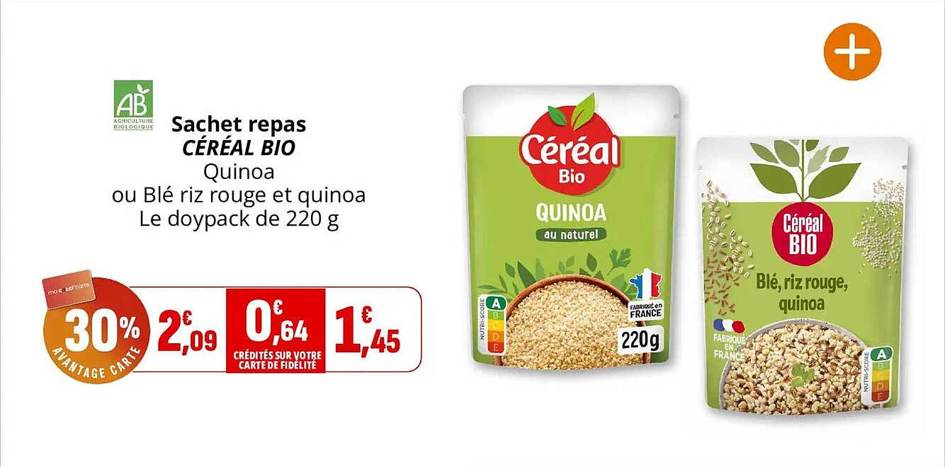 Sachet repas CÉRÉAL BIO Quinoa ou Blé riz rouge et quinoa Le doypack de 220 g