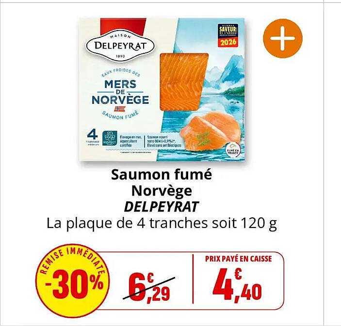 Saumon fumé Norvège DELPEYRAT La plaque de 4 tranches soit 120 g