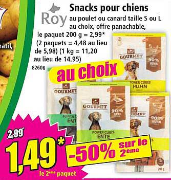 Snacks pour chiens Roy au poulet ou canard taille S ou L ou au choix, offre panachable, le paquet 200 g = 2,99* (2 paquets = 4,48 au lieu de 5,98) (1 kg = 11,20 au lieu de 14,95)