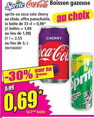 sprite ou coca cola cherry au choix, offre panachable, la boite de 33 cl = 0,99 * (2 boites = 1,68 au lieu de 1,98) (1 l = 2,55 au lieu de 3,-) 39415/63337