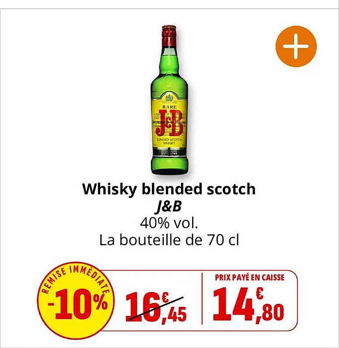 Whisky blended scotch J&B 40% vol. La bouteille de 70 cl