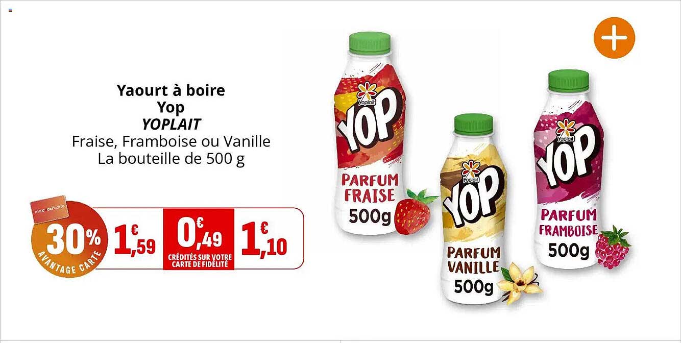Yaourt à boire Yop YOPLAIT Fraise, Framboise ou Vanille La bouteille de 500 g