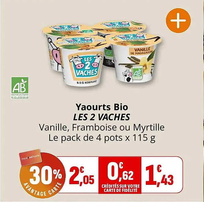 Yaourts Bio LES 2 VACHES Vanille, Framboise ou Myrtille Le pack de 4 pots x 115 g
