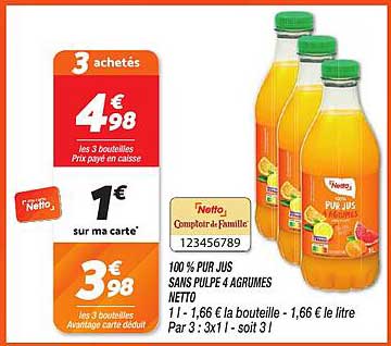 100% PUR JUS SANS PULPE 4 AGRUMES NETTO