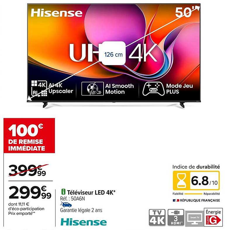 100€ de remise immédiate sur le Téléviseur LED 4K Hisense 50"