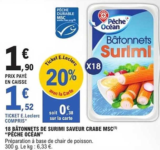 18 Bâtonnets de Surimi Saveur Crabe MSC "Pêche Océan"