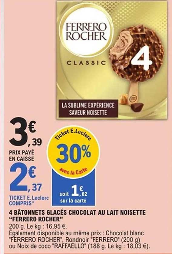 4 BÂTONNETS GLACÉS CHOCOLAT AU LAIT NOISETTE "FERRERO ROCHER"