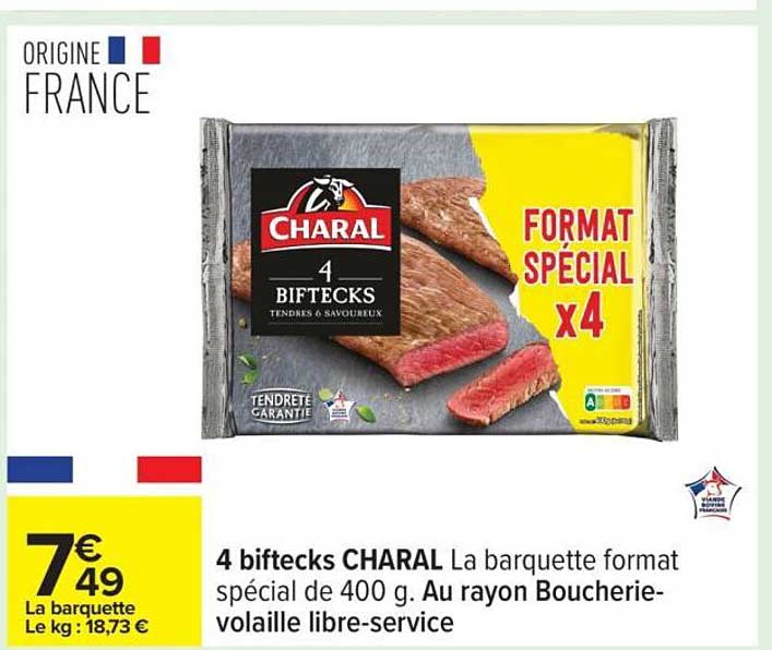 4 biftecks CHARAL La barquette format spécial de 400 g.
