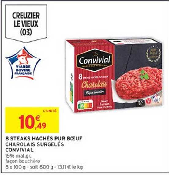8 STEAKS HÂCHÉS PUR BŒUF CHAROLAIS SURGELÉS CONVIVIAL