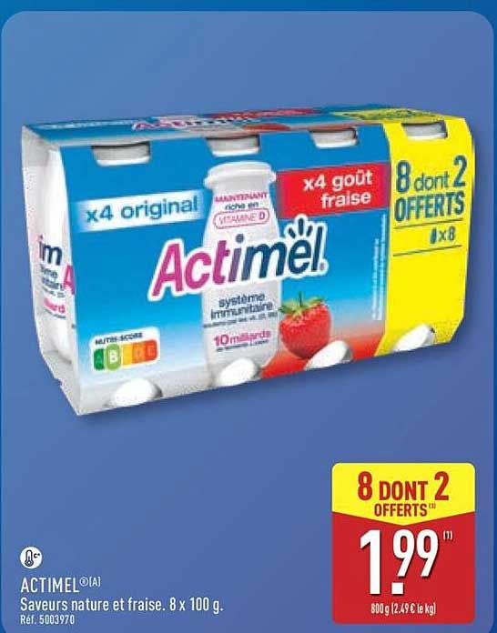 ACTIMEL Saveurs nature et fraise. 8 x 100 g.