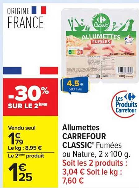 Allumettes CARREFOUR CLASSIC' Fumées ou Nature, 2 x 100 g