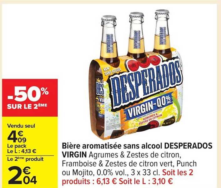 Bière aromatisée sans alcool DESPERADOS VIRGIN Agrumes & Zestes de citron, Framboise & Zestes de citron vert, Punch ou Mojito
